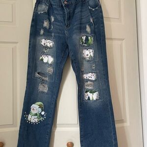 Women's Blue Jeans with Snowman Patch